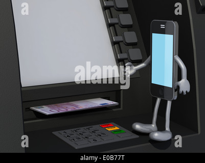 Smartphone, das ein ATM, 3d Illustration verwendet wird Stockfoto