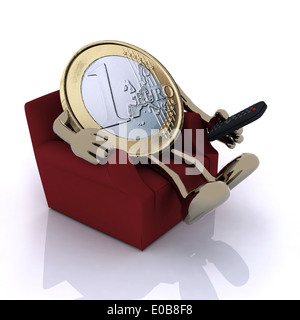 ein-Euro-Münze mit Armen, Beinen und Fernbedienung auf einer Couch, 3d illustration Stockfoto