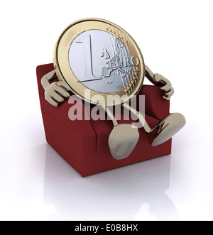 ein-Euro-Münze mit Armen und Beinen auf der Couch, 3d illustration Stockfoto