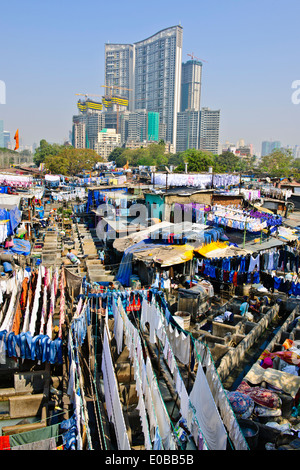 Stadt-Wäscherei basiert vor steigenden Mehrfamilienhäuser wo Hotel Wäsche gewaschen und getrocknet in heißen Sonne, Bombay, Mumbai, Indien Stockfoto