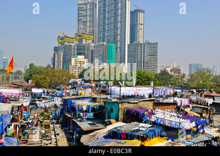 Stadt-Wäscherei basiert vor steigenden Mehrfamilienhäuser wo Hotel Wäsche gewaschen und getrocknet in heißen Sonne, Bombay, Mumbai, Indien Stockfoto