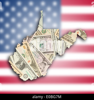 Karte von West Virginia mit vielen Dollar gefüllt Stockfoto