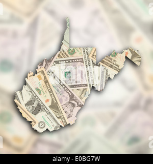 Karte von West Virginia mit vielen Dollar gefüllt Stockfoto