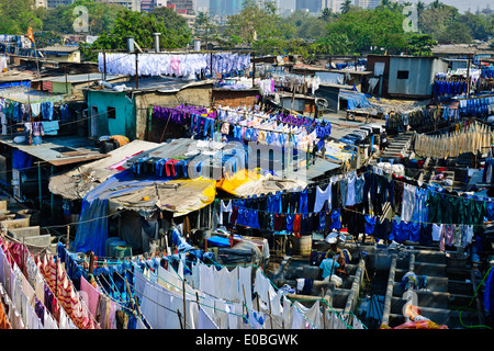 Stadt-Wäscherei basiert vor steigenden Mehrfamilienhäuser wo Hotel Wäsche gewaschen und getrocknet in heißen Sonne, Bombay, Mumbai, Indien Stockfoto