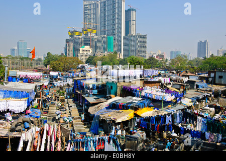 Stadt-Wäscherei basiert vor steigenden Mehrfamilienhäuser wo Hotel Wäsche gewaschen und getrocknet in heißen Sonne, Bombay, Mumbai, Indien Stockfoto