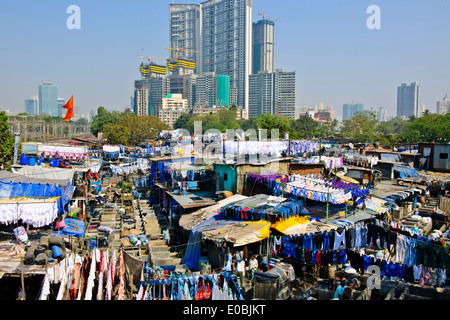 Stadt-Wäscherei basiert vor steigenden Mehrfamilienhäuser wo Hotel Wäsche gewaschen und getrocknet in heißen Sonne, Bombay, Mumbai, Indien Stockfoto