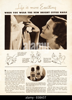 Anzeige für CUTEX Nagellack im amerikanischen Magazin vom Dezember 1934 Stockfoto