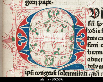 Dieses Detail einer beleuchteten Handschrift aus dem 15. Jahrhundert zeigt ein verziertes „Q“, das die komplizierten Kunstwerke hervorhebt, die typisch für mittelalterliche Buchbinderei und Manuskriptbeleuchtung sind. Stockfoto