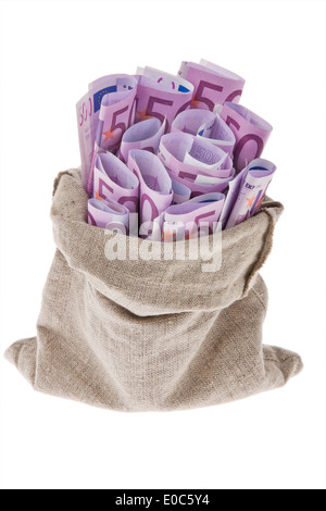 Eine Tasche mit einer Menge von Euro Banknoten, Ein Sack Mit Vielen Euro-Geldscheinen Stockfoto