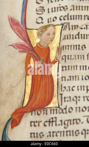 Dieses Bild zeigt eine Seite aus Boethius’ „Consolatio Philosophiae“ (der Trost der Philosophie) aus dem 15. Jahrhundert. Die beleuchtete Handschrift spiegelt die Kunst und Philosophie der Renaissance wider. Stockfoto
