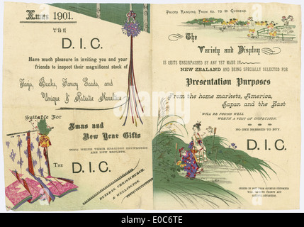 Ein historisches Werbespot der D.I.C. (David Jones Limited) zu Weihnachten 1901, in dem eine festliche Promotion für das Kaufhaus präsentiert wird. Es handelt sich um Einzelhandelswerbung des frühen 20. Jahrhunderts in Australien. Stockfoto