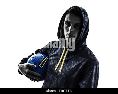 ein junger Mann Freestyler Fußballspieler in der Silhouette auf weißem Hintergrund Stockfoto