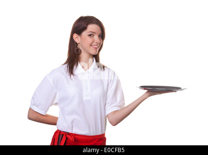 Junge Frau als Kellnerin serviert Getränke auf einem Tablett, Junge Frau als Serviererin Serviert Getraenke Auf Einem Tablett Stockfoto