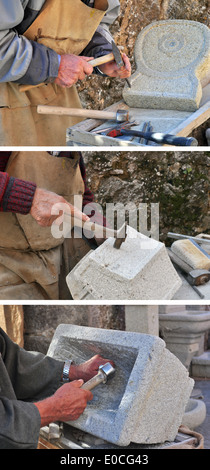 Steinmetz. Detail der Handwerker bei der Arbeit die Hände Stockfoto