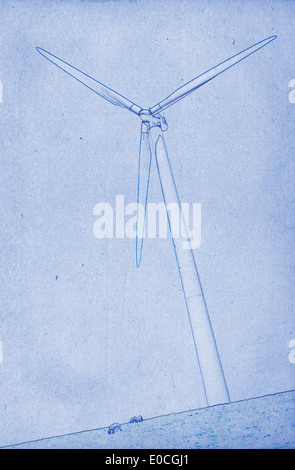 Grunge technische Zeichnung oder Blaupause Illustration auf blauem Hintergrund moderne Windmühle Stockfoto