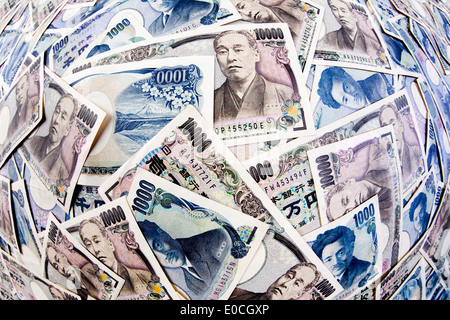 Eine Menge von Yen-Banknoten der japanischen Währung Yen Geldscheine Viele der Japanischen Waehrung Stockfoto