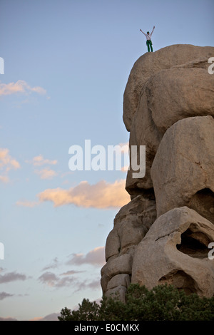 Junge Bergsteiger stehen oben auf einem Felsen und jubeln, Joshua Tree Nationalpark, Kalifornien, USA Stockfoto