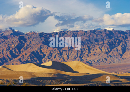 Zeigen Sie über Mesquite flache Sanddünen auf Amargosa-Palette in den Abend, Death Valley Nationalpark, Kalifornien, USA, Amerika an Stockfoto