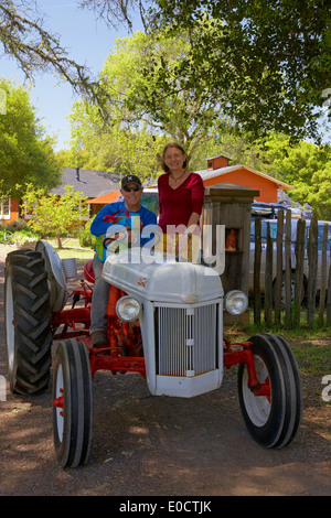 Menschen mit dem Traktor in den Morgen, Anderson Valley, Mendocino, Kalifornien, USA, Amerika Stockfoto