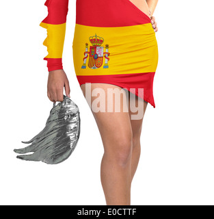 Futuristische junge Frau mit Flagge von Spanien auf ihrem Kleid auf weißem Hintergrund Stockfoto