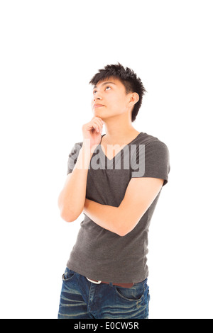 junger Mann denken oder Zweifel auf weißem Hintergrund Stockfoto