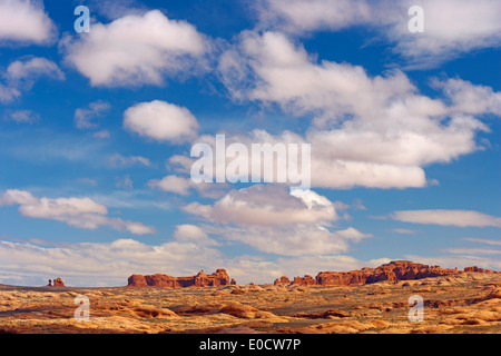 Blick vom Park Avenue Aussichtspunkt über den versteinerten Dünen in Richtung Windows Sektion, Arches-Nationalpark, Utah, und ausgewogene Rock Stockfoto