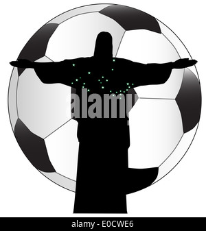 Die Statue von Christus der Erlöser in Brasilien gegen einen Fußball und isoliert auf weißem Hintergrund Stockfoto