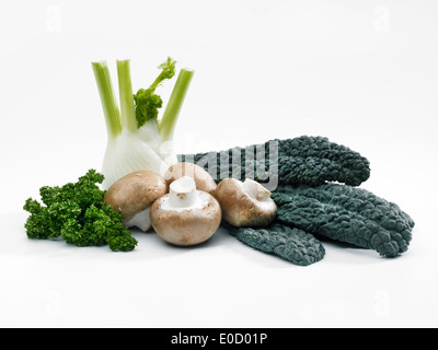 eine Auswahl an frischem gesunden Gemüse auf einem weißen Hintergrund, einschließlich Grünkohl, Fenchel, Champignons und Petersilie Stockfoto