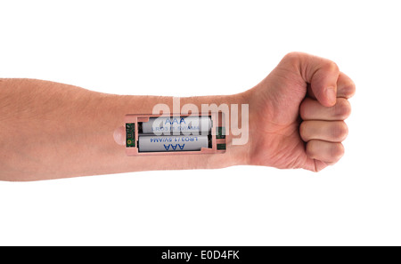 Roboter - legen Sie die Batterie in den Arm - isoliert auf weiss Stockfoto