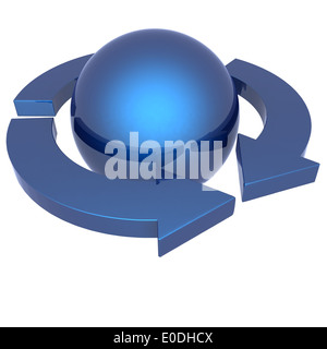 Abstrakte blaue Kugel und Pfeile auf weißem Hintergrund Stockfoto