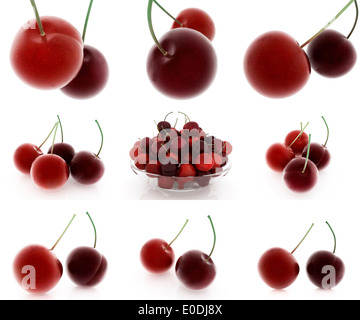 Satz von frischen Kirschen auf weißem Stockfoto