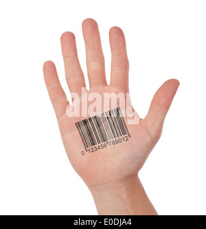 Offene Hand mit Barcode, isoliert auf weiss Stockfoto
