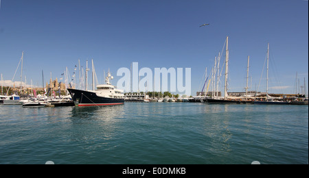 Kombiniert - Palma Boat Show 2014 / Palma Superyacht Show 2014 - Vorschau-Bilder - Panorama + historische gotische Kathedrale von Palma Stockfoto