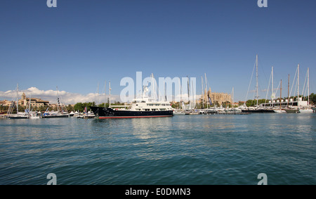 Kombiniert - Palma Boat Show 2014 / Palma Superyacht Show 2014 - Vorschau-Bilder - Panorama + historische gotische Kathedrale von Palma Stockfoto