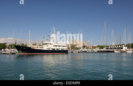Kombiniert - Palma Boat Show 2014 / Palma Superyacht Show 2014 - Vorschau-Bilder - Panorama + historische gotische Kathedrale von Palma Stockfoto