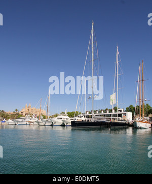 Kombiniert - Palma Boat Show 2014 / Palma Superyacht Show 2014 - Vorschau-Bilder - Superyachten + historische gotische Kathedrale von Palma - Stockfoto