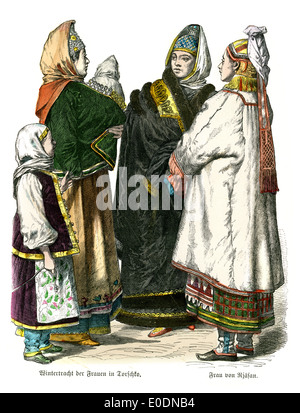 Trachten von Russland, 17. und 18. Jahrhundert. Winter-Kostüme der Frauen in Torshko und Frauen von Rjasan. Stockfoto