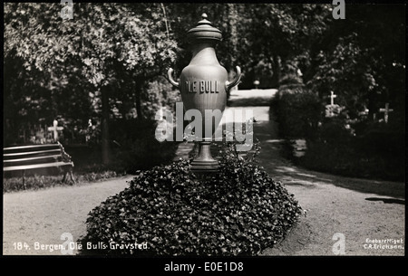 Der Titel bezieht sich auf Orte, Daten und Beiträge von Ole Bull, einem norwegischen Geiger und Komponisten. Die genannten Orte können sich auf Reisen und Aufführungen von Bull während seiner Zeit in Amerika und Europa beziehen. Stockfoto