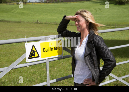 Frau mit Blick auf den Hof mit Stier im Feld Zeichen dargestellt Hampshire England UK Stockfoto