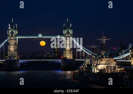 Vollmond steigt über die Tower Bridge in London England Großbritannien Stockfoto