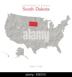 Vereinigte Staaten von Amerika-Karte und South Dakota-Territorium auf Papierstruktur Stockfoto