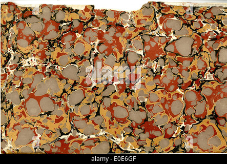 Ein detailliertes Bild aus Marmorpapier, das die komplizierten Muster und Texturen zeigt, die diese historische Kunstform definieren, die in Buchbindern und dekorativen Künsten verwendet wird. Stockfoto