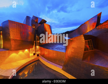 Nachtansicht des Museo Guggenheim in Bilbao, Vizcaya, Baskisches Land, Spanien Stockfoto