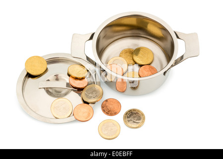 Einen Topf mit paar Euromünzen, symbolische Foto für Staatsschulden und Finanzkrise, Ein Kochtopf Mit Wenigen Euromuenzen, Symbol Stockfoto