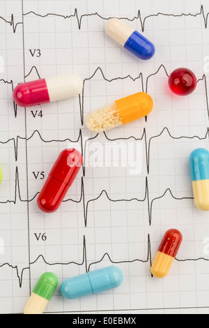 Auf ein EKG liegen mehrere Tabletten. Symbolische Foto für Erkrankungen von Herz und Kreislauf, Mehrere Tabletten Stück Auf Einem EKG. Sy Stockfoto