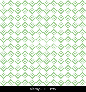 Ein sich wiederholendes Muster besteht aus Reihen stilisierter grüner Chevrons vor weißem Hintergrund, wodurch ein visuell dynamisches und symmetrisches Design entsteht. Stockfoto
