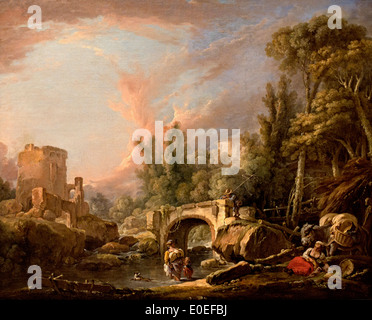 Flusslandschaft mit Ruine und Brücke 1762 François Boucher 1703-1770 Frankreich Französisch Stockfoto