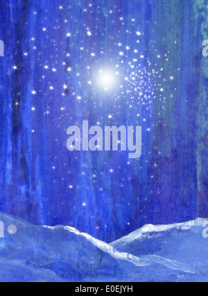 Blaue Nacht-Wald mit Schnee Licht und Sterne original Kunst Aquarell Gouache digital. Stockfoto