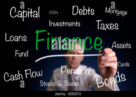 Ein Geschäftsmann, ein Finanzkonzept auf einem Bildschirm zu zeichnen. Stockfoto
