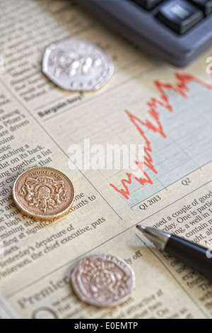 Eine Nahaufnahme von einer Zeitung zeigt die Wertentwicklung der Aktie an der Börse. Stockfoto